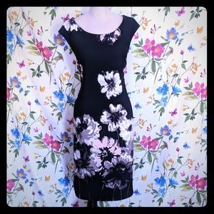 Non iron floral navy dress stretch 14